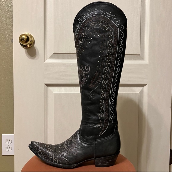 OLD GRINGO Boots STUDDED Embroidery BLACK Anthracite 19" - Sz 8.5 B Very Nice! - Picture 13 of 16